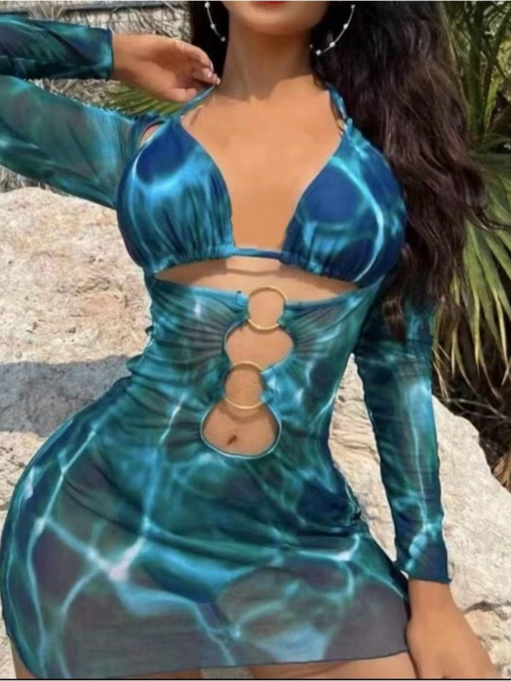 Blue Water Print 3 Piece Bikini Set L with Sheer Long Sleeve Cover-Up